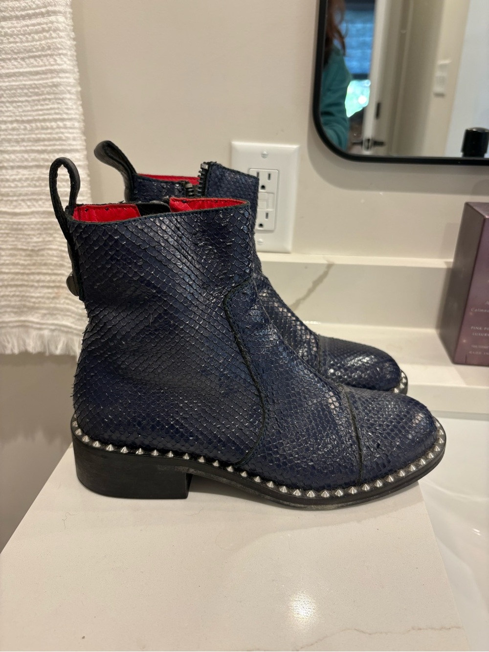 Zadig & Voltaire Navy Blue Textured Leather Ankle Boots with Red Lining